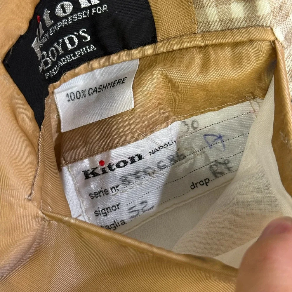 Kiton Napoli 100% Cashmere Gingham Sport Coat Blazer Tan White Mens 52‎ IT 42 US